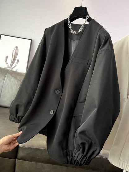 時尚設計V領寬鬆外套中版風衣