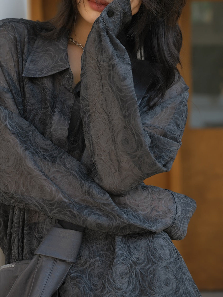 高級感微透別緻壓花防曬襯衫