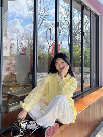 活力黃100%韓版亞麻薄款防曬襯衫