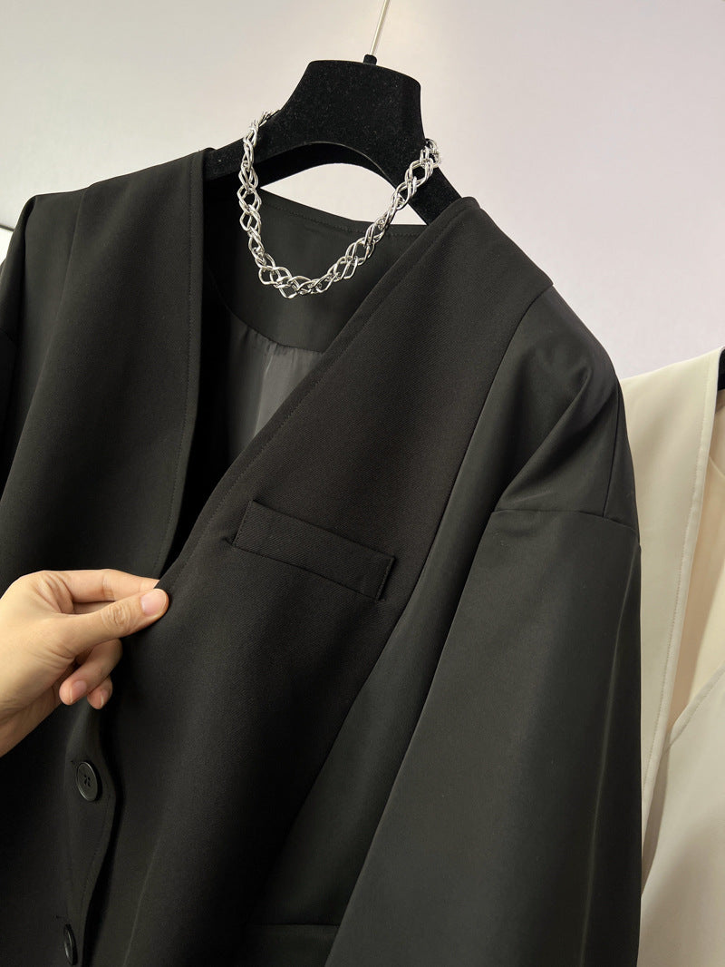 時尚設計V領寬鬆外套中版風衣