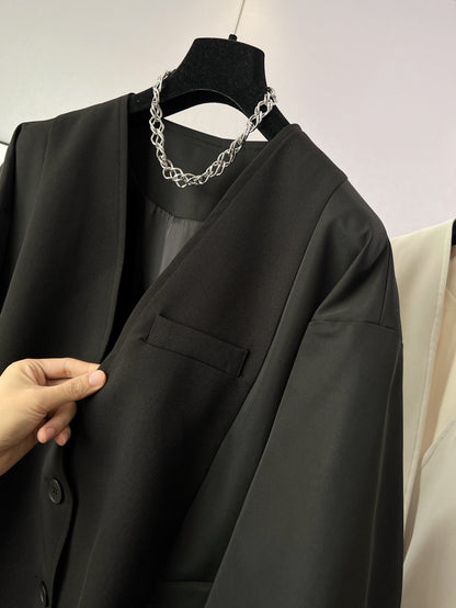 時尚設計V領寬鬆外套中版風衣