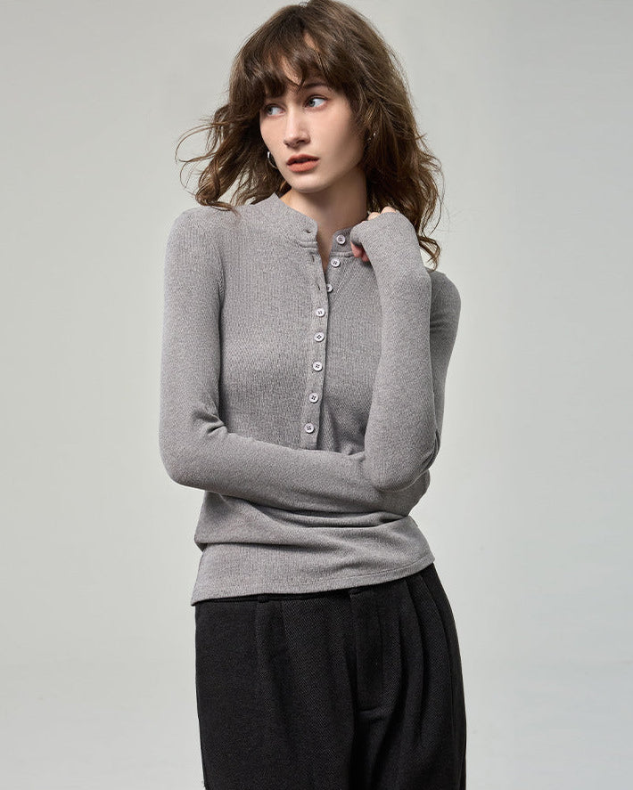 小立領開釦薄磨毛針織衫