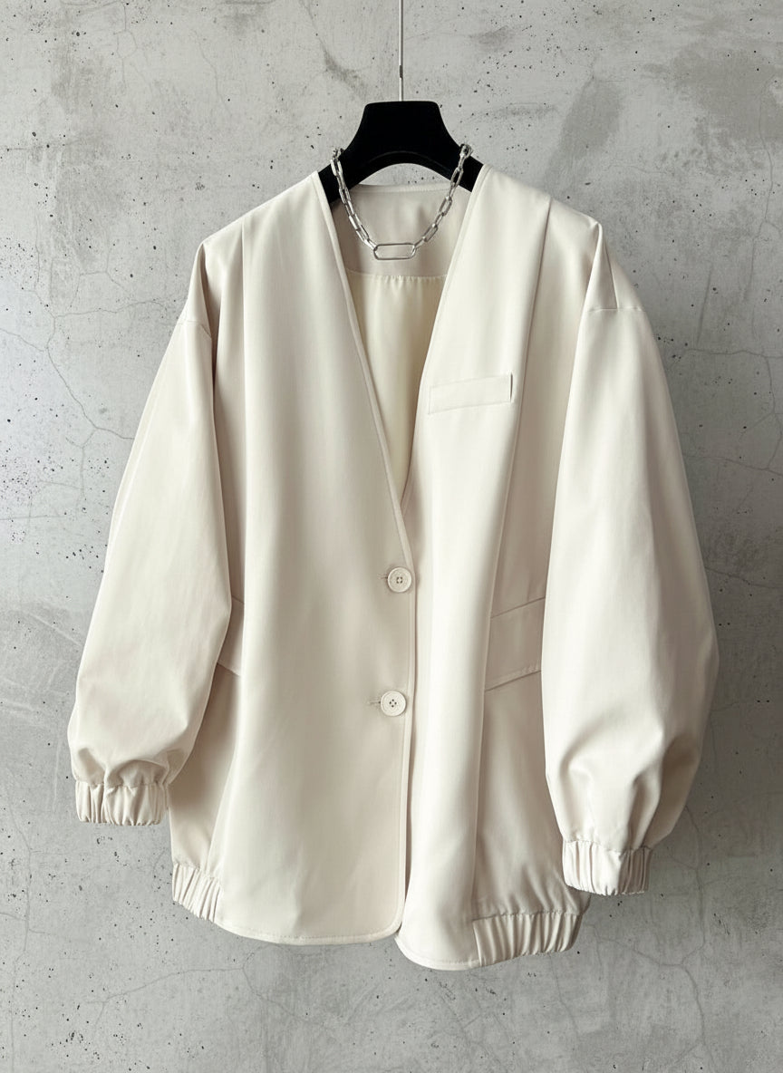 時尚設計V領寬鬆外套中版風衣