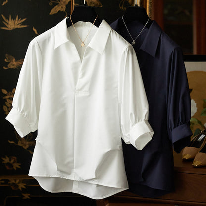 後背開釦設計｜燈籠袖腰前抓皺襯衫