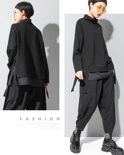 寬鬆層次拼接立領直版造型Ｔ恤