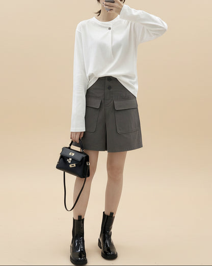 春季韓版一粒扣簡約長袖T卹