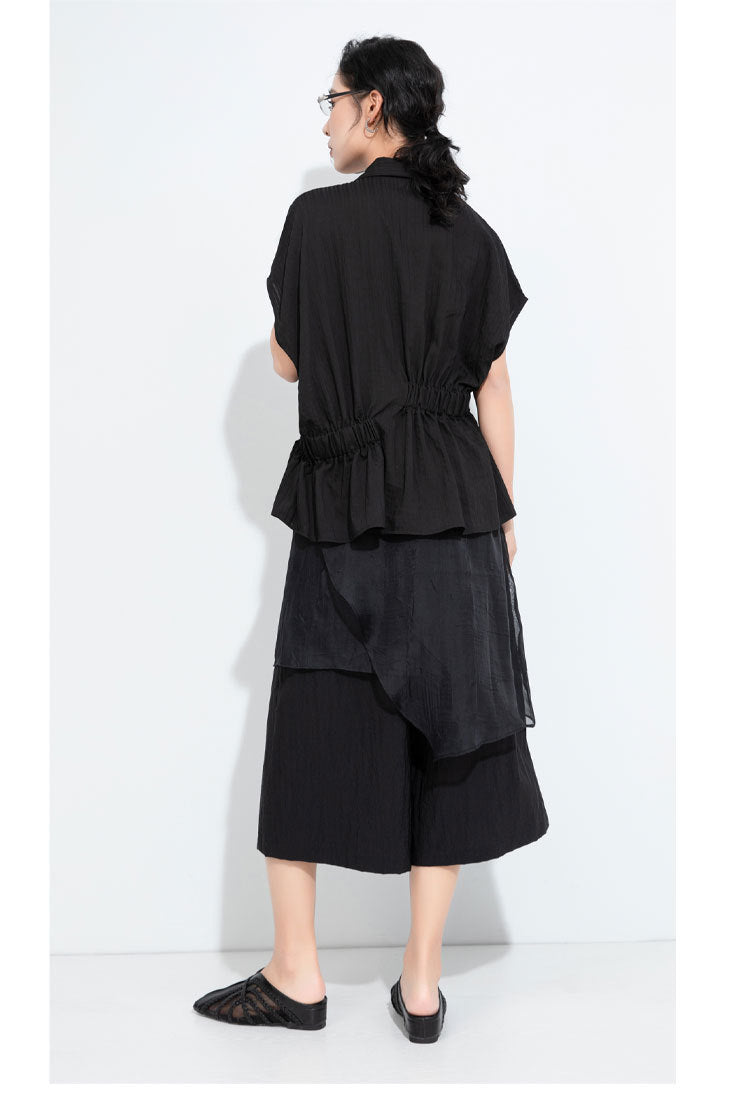 新品/腰身設計款棉麻短袖寬版襯衫6223
