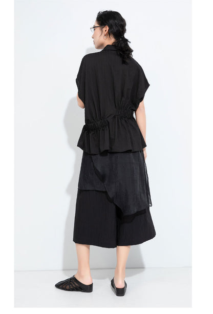 新品/腰身設計款棉麻短袖寬版襯衫6223