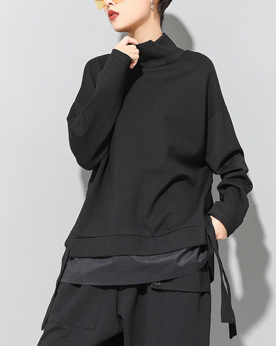 寬鬆層次拼接立領直版造型Ｔ恤