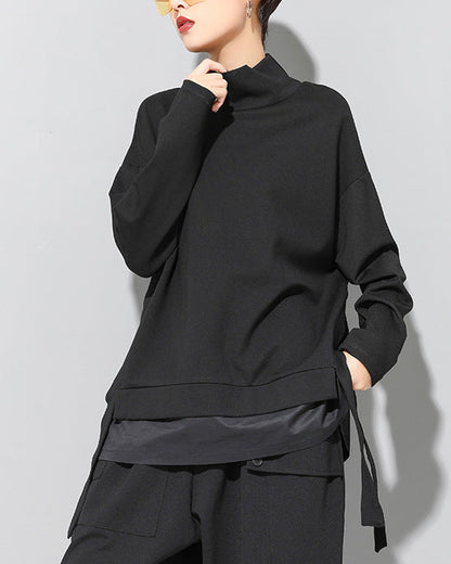 寬鬆層次拼接立領直版造型Ｔ恤