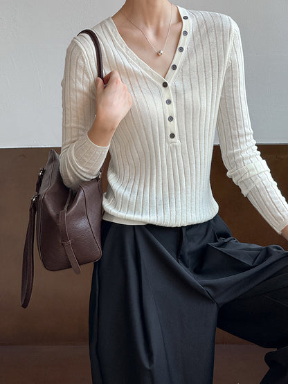 V領質感彈力直條開釦上衣