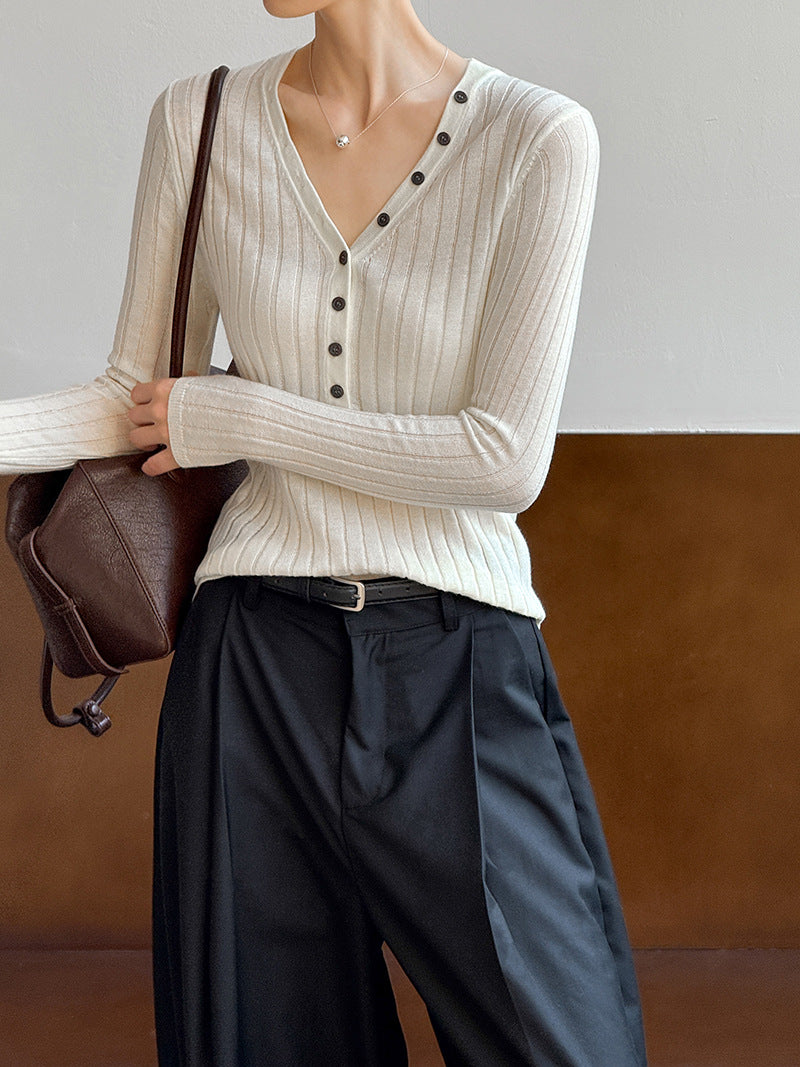 V領質感彈力直條開釦上衣