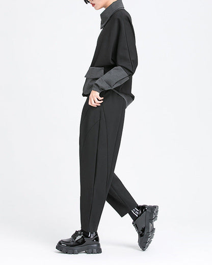 秋季拼接打褶彈力老爹褲8875