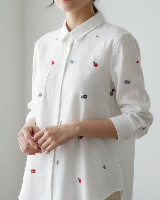 春之喜～花朵刺绣棉麻长袖上衣