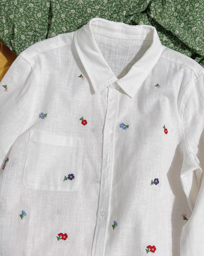 春之喜～花朵刺绣棉麻长袖上衣