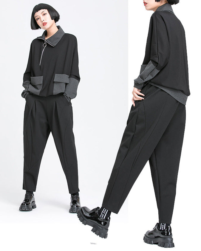 秋季拼接打褶彈力老爹褲8875