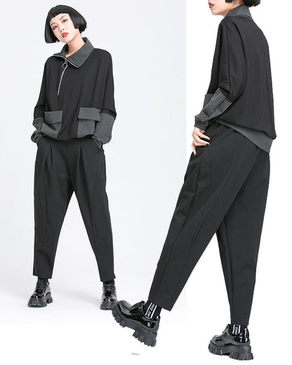 秋季拼接打褶彈力老爹褲8875