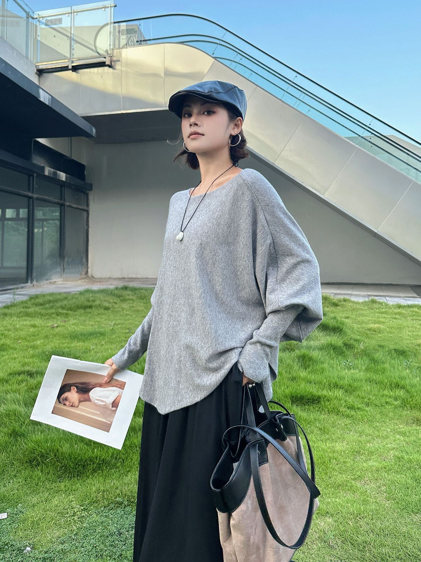 法式慵懶蝙蝠袖船型領大寬T恤