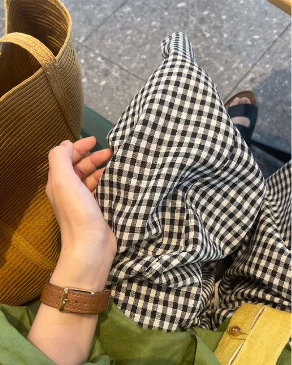 韓系黑白格紋廓形褲管顯瘦休閒褲