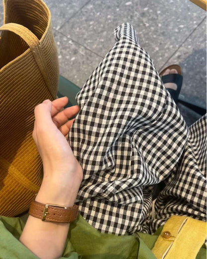 韓系黑白格紋廓形褲管顯瘦休閒褲