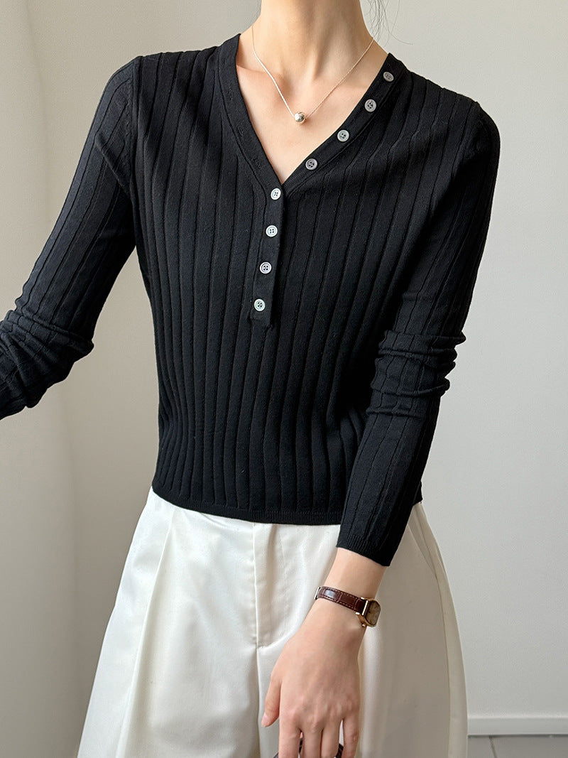 V領質感彈力直條開釦上衣