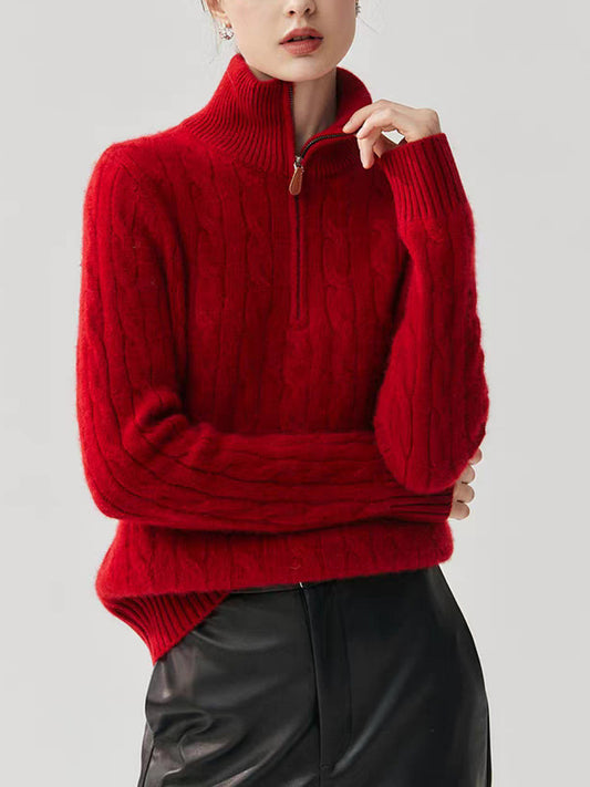 美式風格麻花半高領拉鍊毛衣