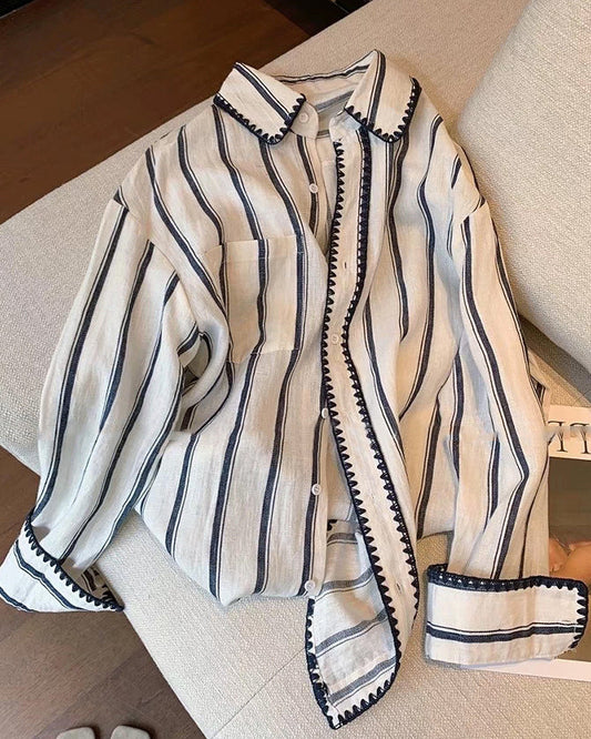 棉麻高質感條紋別緻收邊春季防曬襯衫