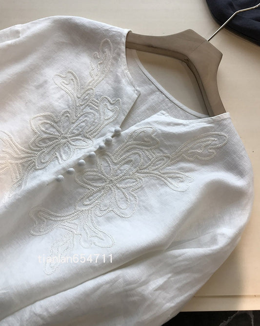 高級質感細緻100%亞麻防曬刺繡圓領襯衫