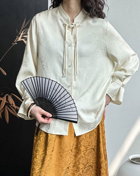 流蘇設計盤釦緞面提花襯衫