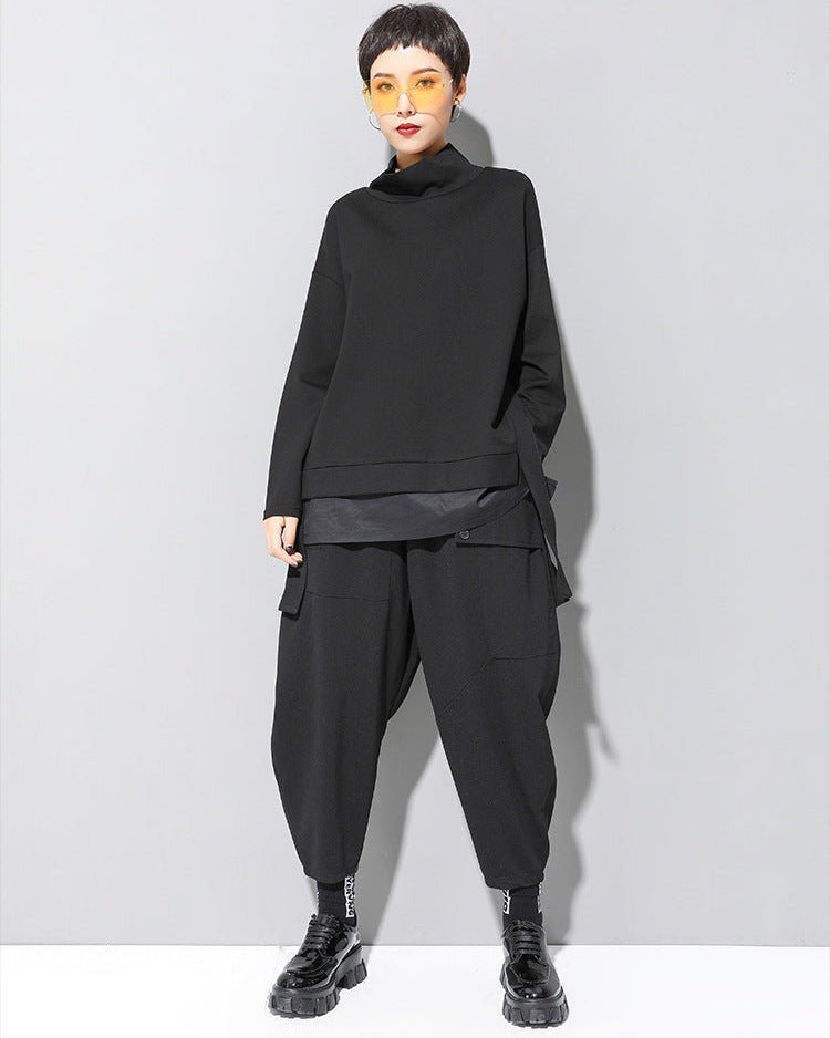 寬鬆層次拼接立領直版造型Ｔ恤