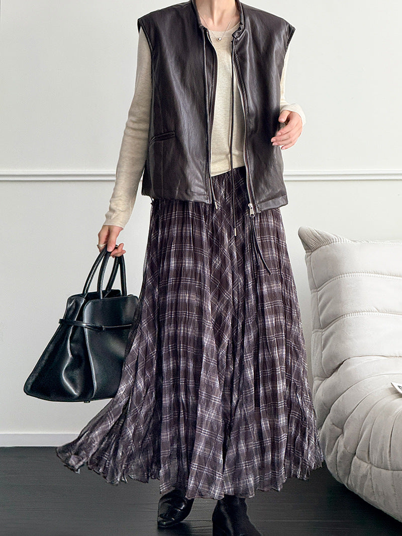 格子網紗不規則垂墜感紗裙