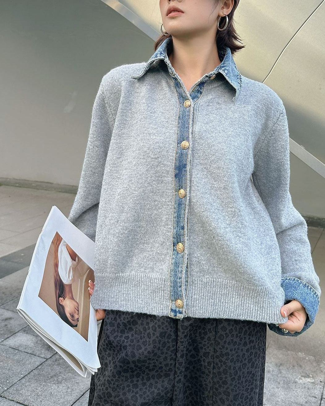 城市風格牛仔領毛衣外套