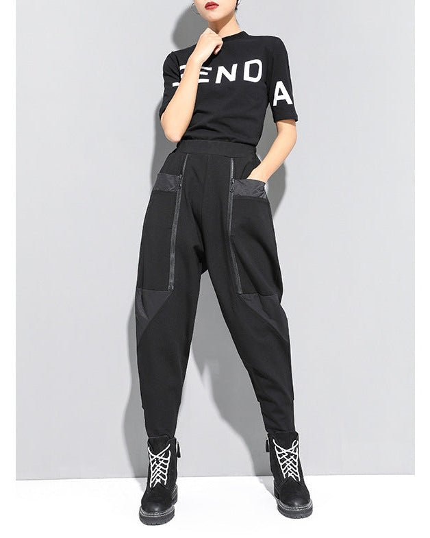 秋冬拉鍊拼接設計款個性縮口褲8857