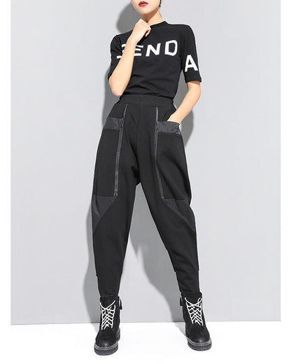 秋冬拉鍊拼接設計款個性縮口褲8857