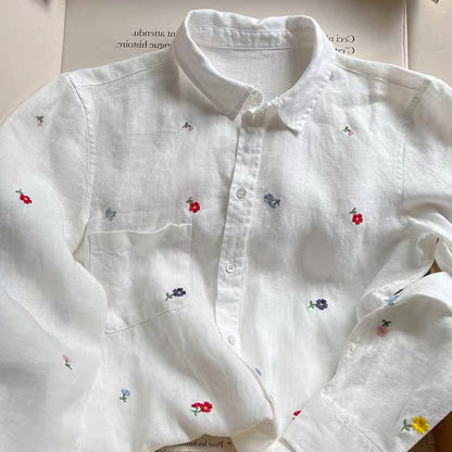 春之喜～花朵刺绣棉麻长袖上衣