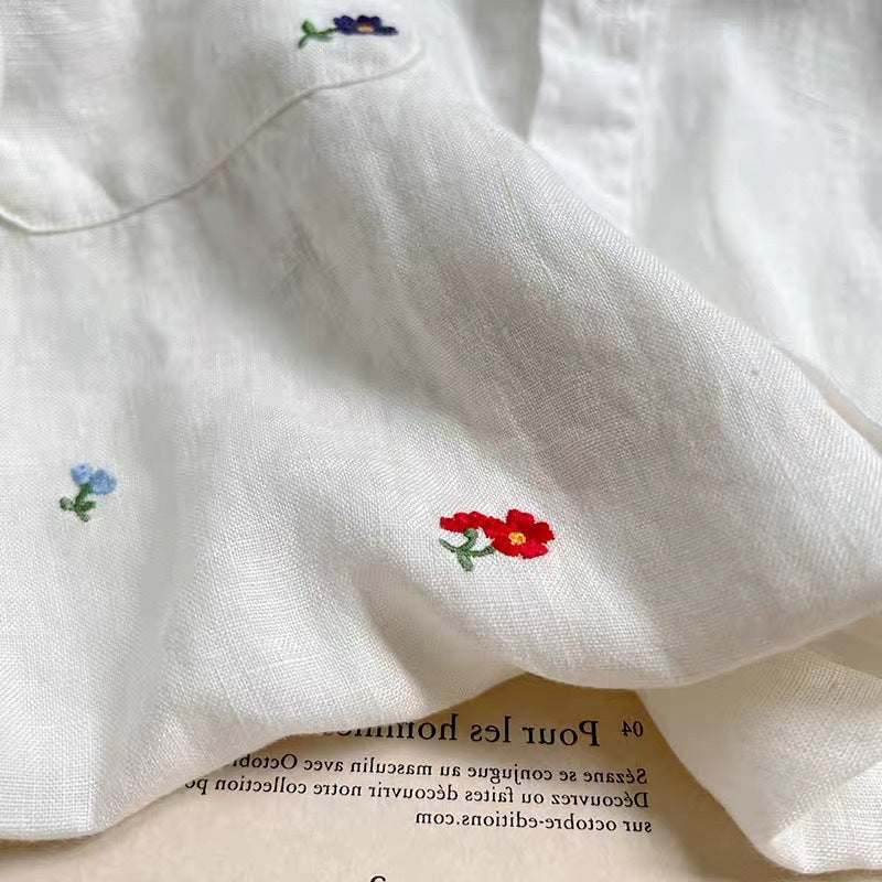 春之喜～花朵刺绣棉麻长袖上衣