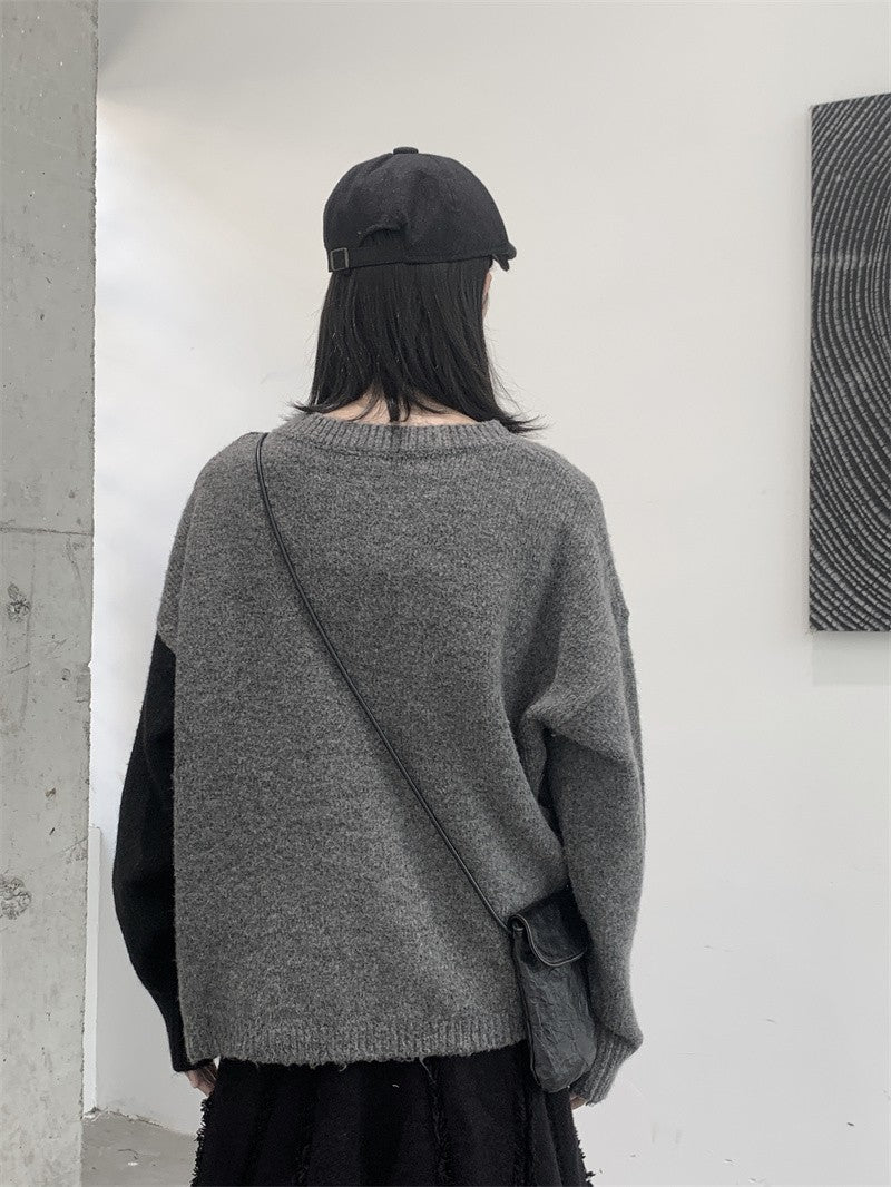情侶款寬鬆黑灰拼接毛衣外套