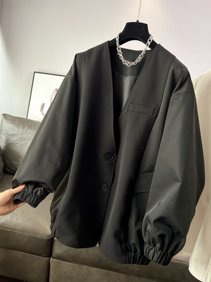 時尚設計V領寬鬆外套中版風衣