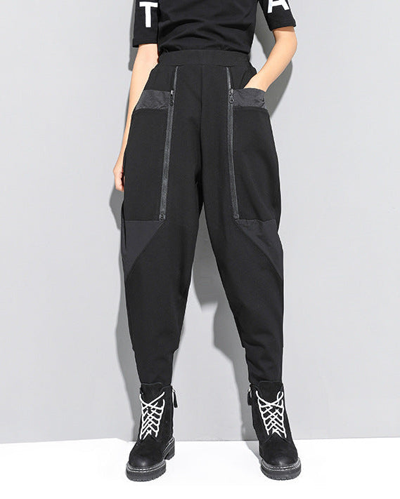 秋冬拉鍊拼接設計款個性縮口褲8857