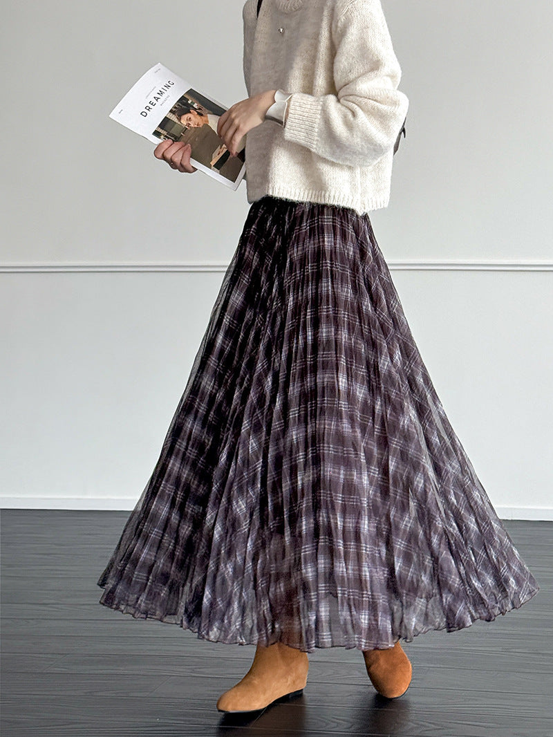 格子網紗不規則垂墜感紗裙