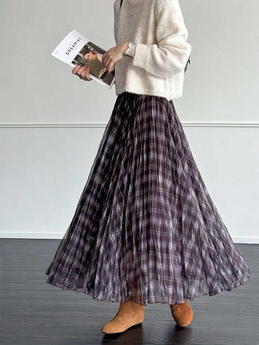 格子網紗不規則垂墜感紗裙