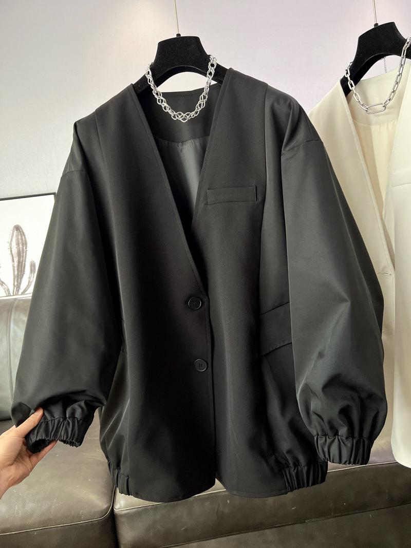 時尚設計V領寬鬆外套中版風衣