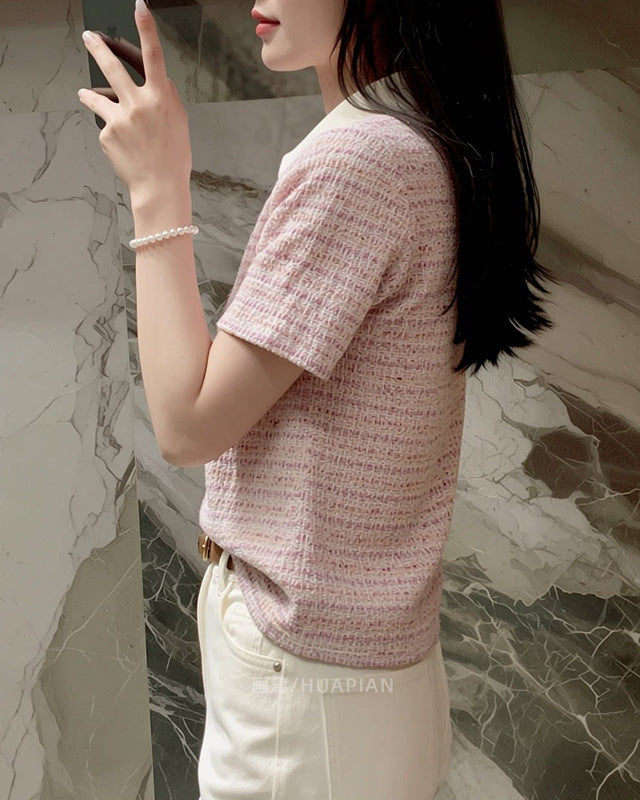 粉紅小香風Polo領高質感上衣