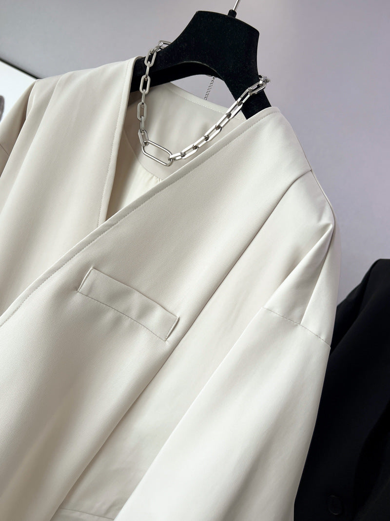 時尚設計V領寬鬆外套中版風衣