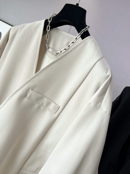 時尚設計V領寬鬆外套中版風衣