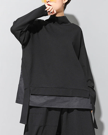 寬鬆層次拼接立領直版造型Ｔ恤