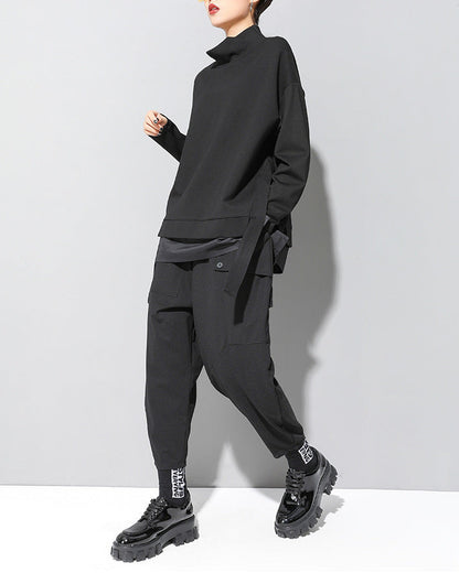 寬鬆層次拼接立領直版造型Ｔ恤