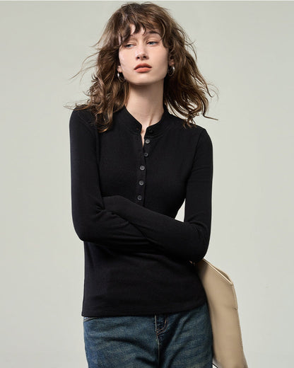 小立領開釦薄磨毛針織衫