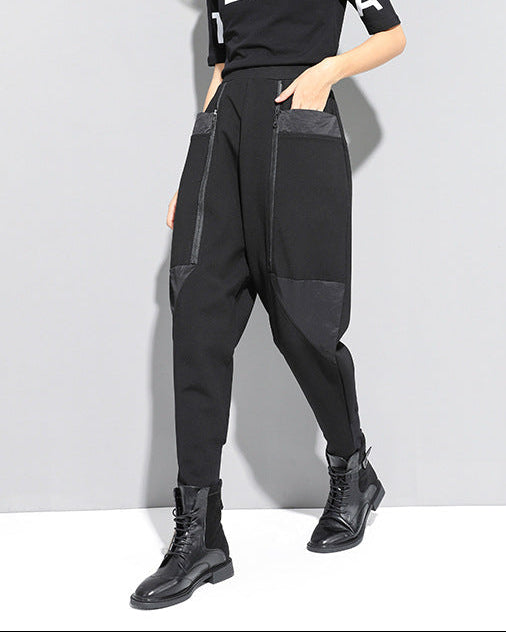 秋冬拉鍊拼接設計款個性縮口褲8857