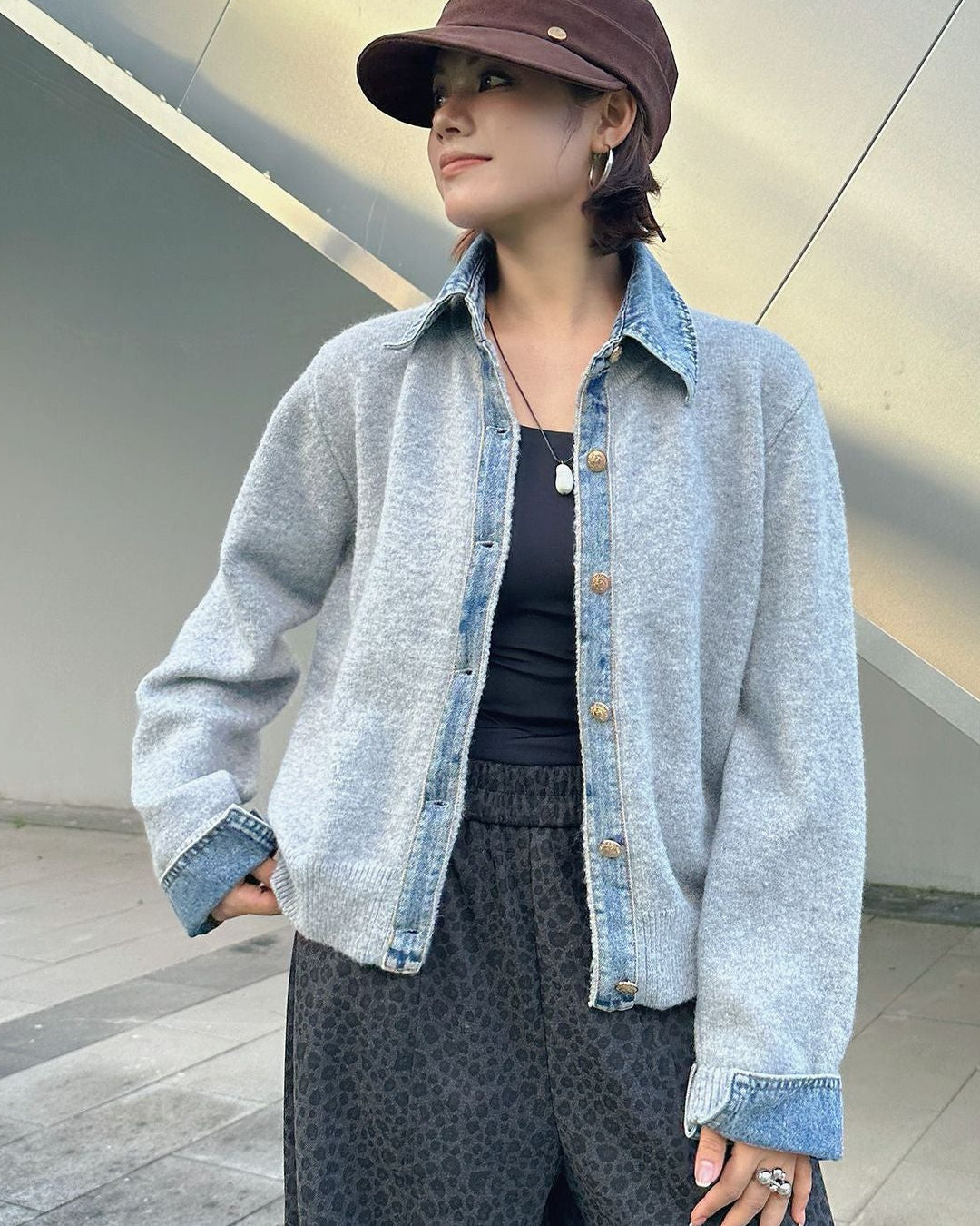 城市風格牛仔領毛衣外套